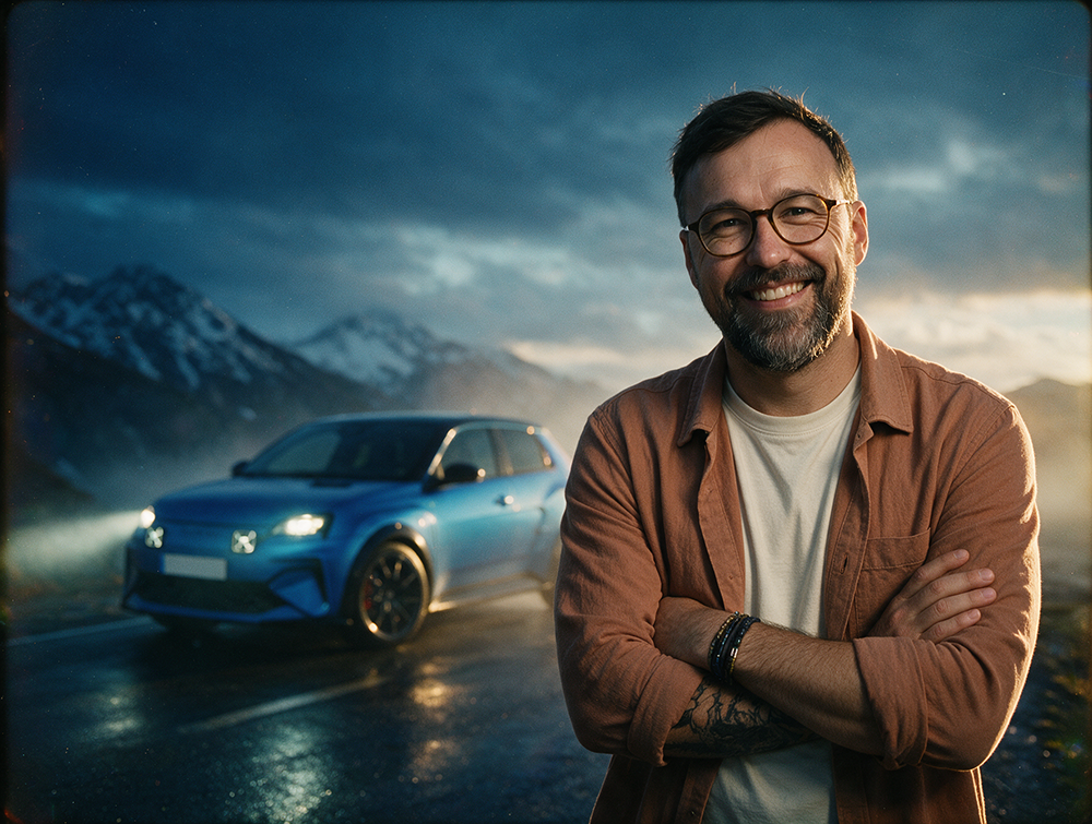 Cyril devant une Alpine sur une route de montagne
